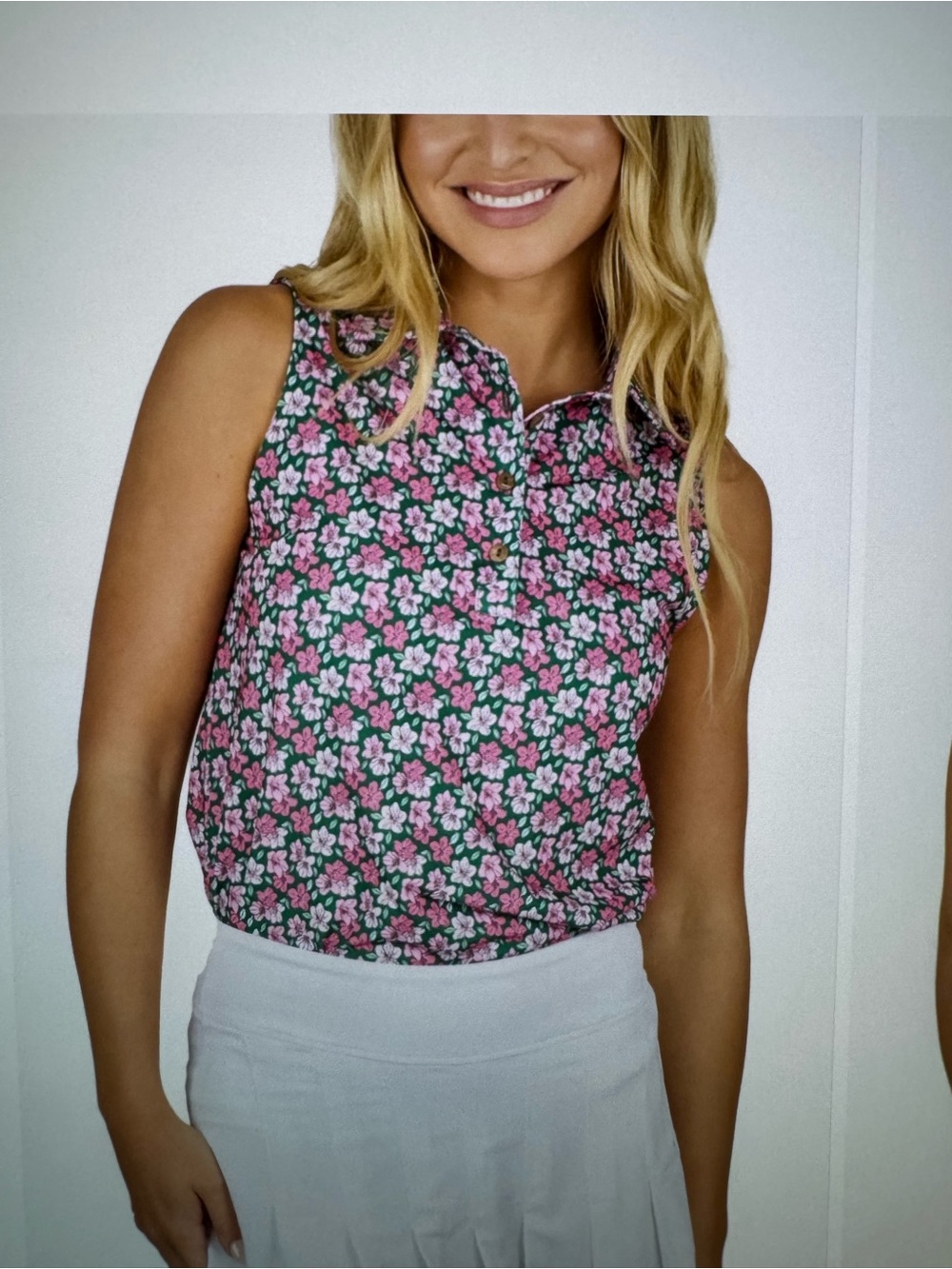 Kenny Flowers Pink and Green Floral Azalea  Sleeveless Polo Top Sz XL